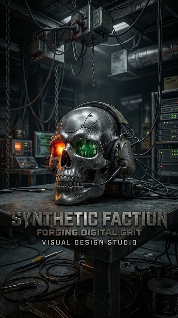Synthetic Faction — cyber-industrial skull with headphones, glowing ember and matrix-green eyes